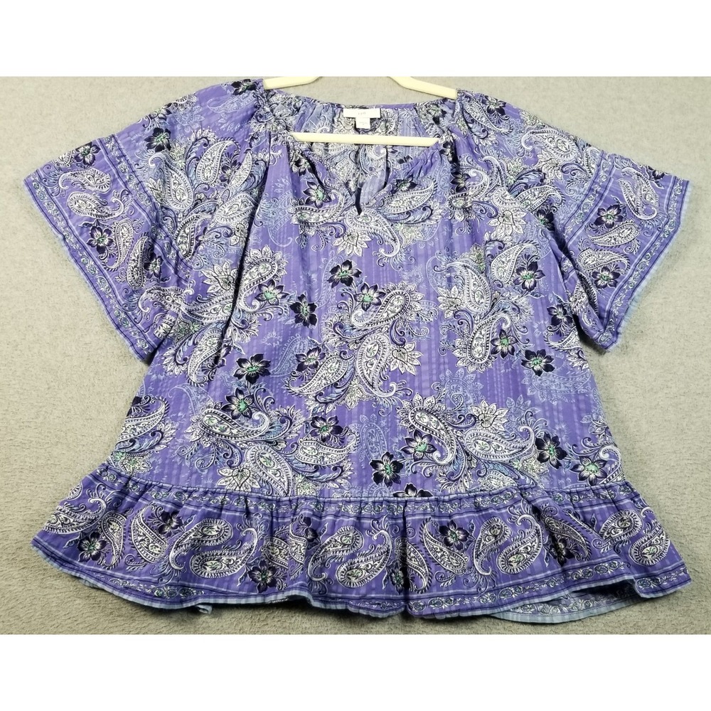 J. Jill Peplum Blouse Womens Medium M Paisley Top Short Sleeve Seersucker Spring